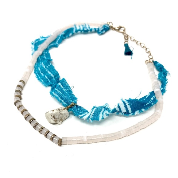 New Free People Remy Choker Bandana Beaded Necklace Layered Stone Blue - Picture 3 of 7